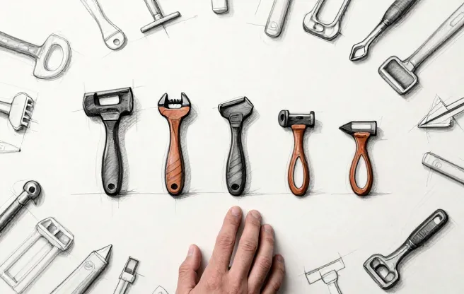 Five different tools laid out on a workbench, representing practical AI tool choices