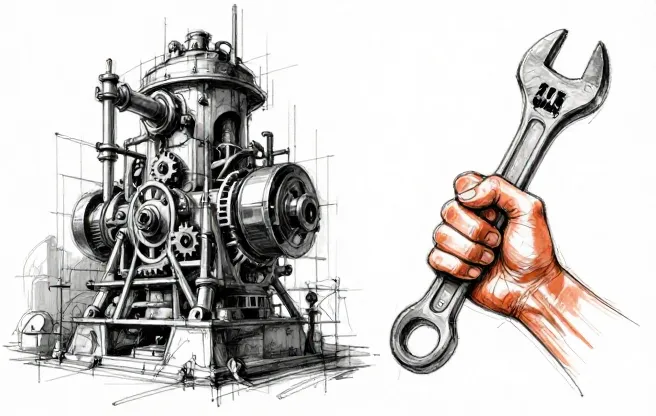 A simple toolbox sitting next to a complex industrial machine, both solving the same problem