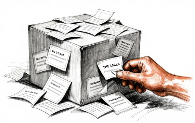 A product label covered in overlapping marketing buzzword stickers
