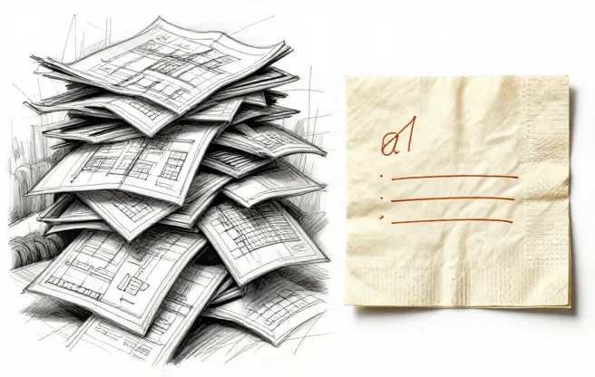A napkin with a simple four-step plan written on it next to a coffee cup