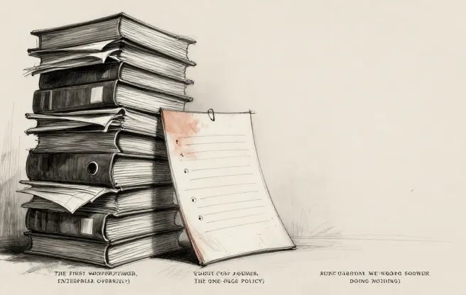 A single sheet of paper with a checklist next to a stack of thick binders