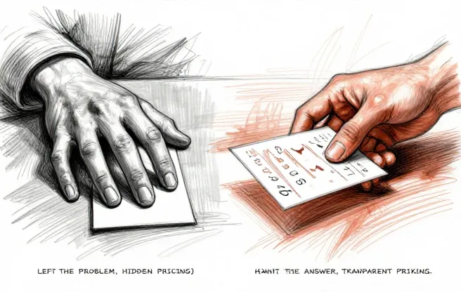 An open book next to a calculator on a clean desk, representing transparency and clear pricing