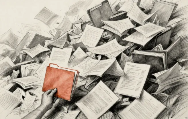 A clean folder structure displayed on a computer screen next to a messy pile of documents
