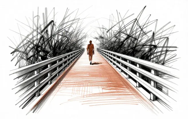 A guardrail along a winding road with a clear path ahead