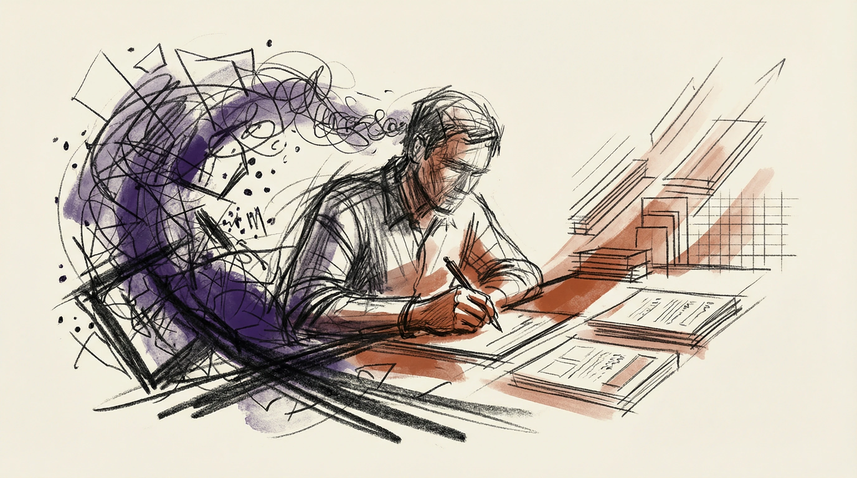 Charcoal sketch of a figure writing at a desk, transforming tangled chaos into structured, organized pages