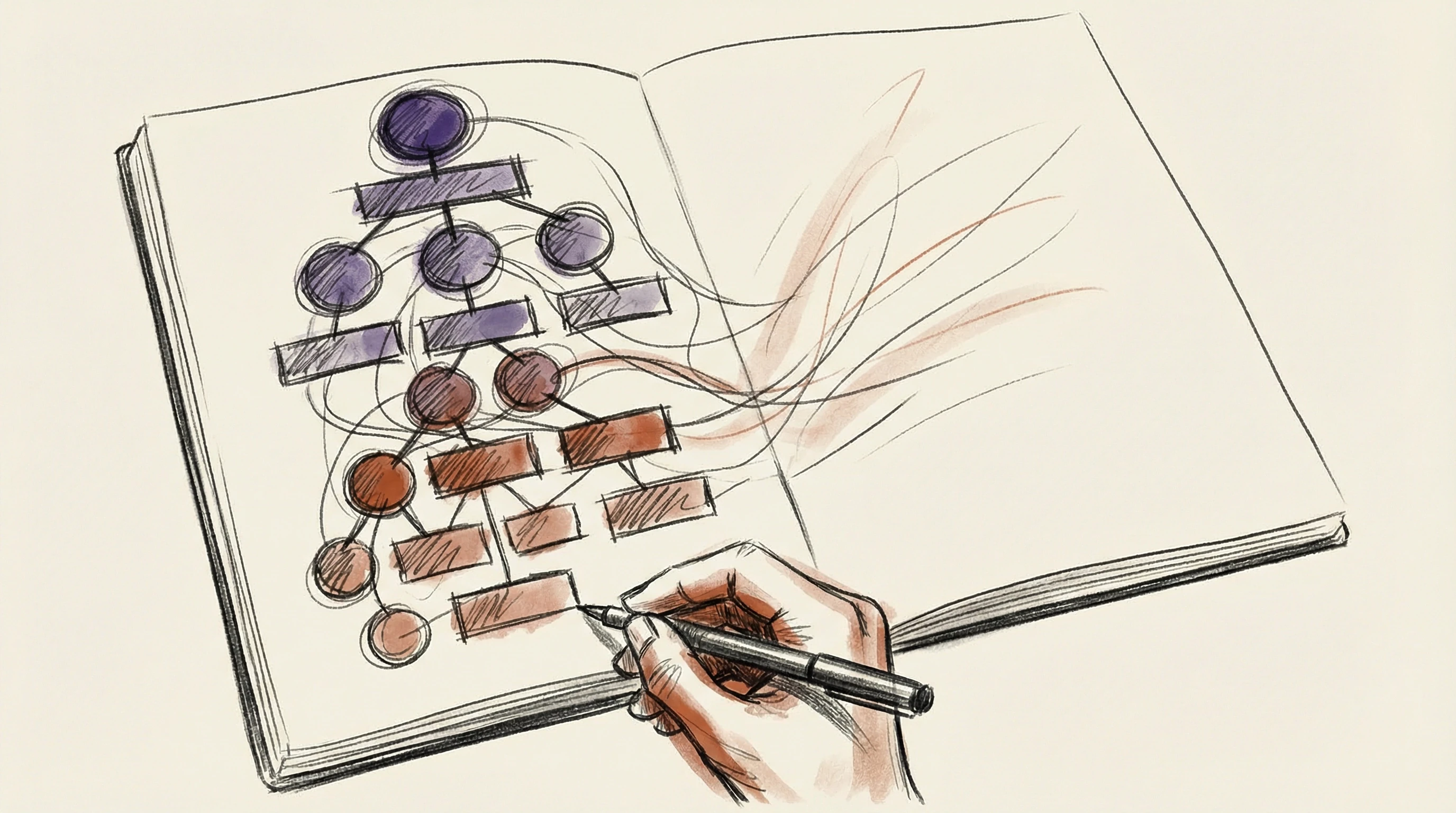 Charcoal sketch of an open book with a flowing hierarchy of interconnected nodes, a hand holding a pen grounding the composition in the act of personal writing